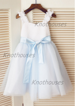 Ivory Satin Sky Blue Tulle Ruffle Straps Flower Girl Dress
